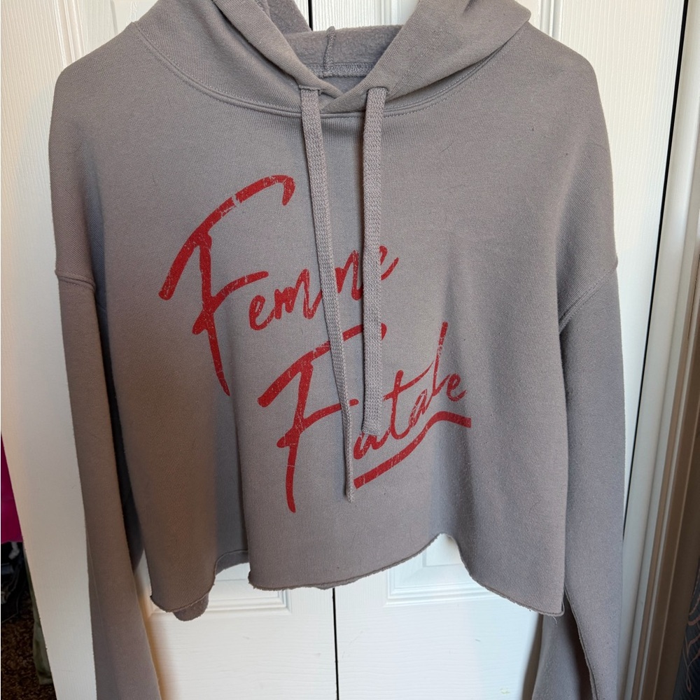 Femme Fatale Cropped Hoodie - Gray with Red Script
